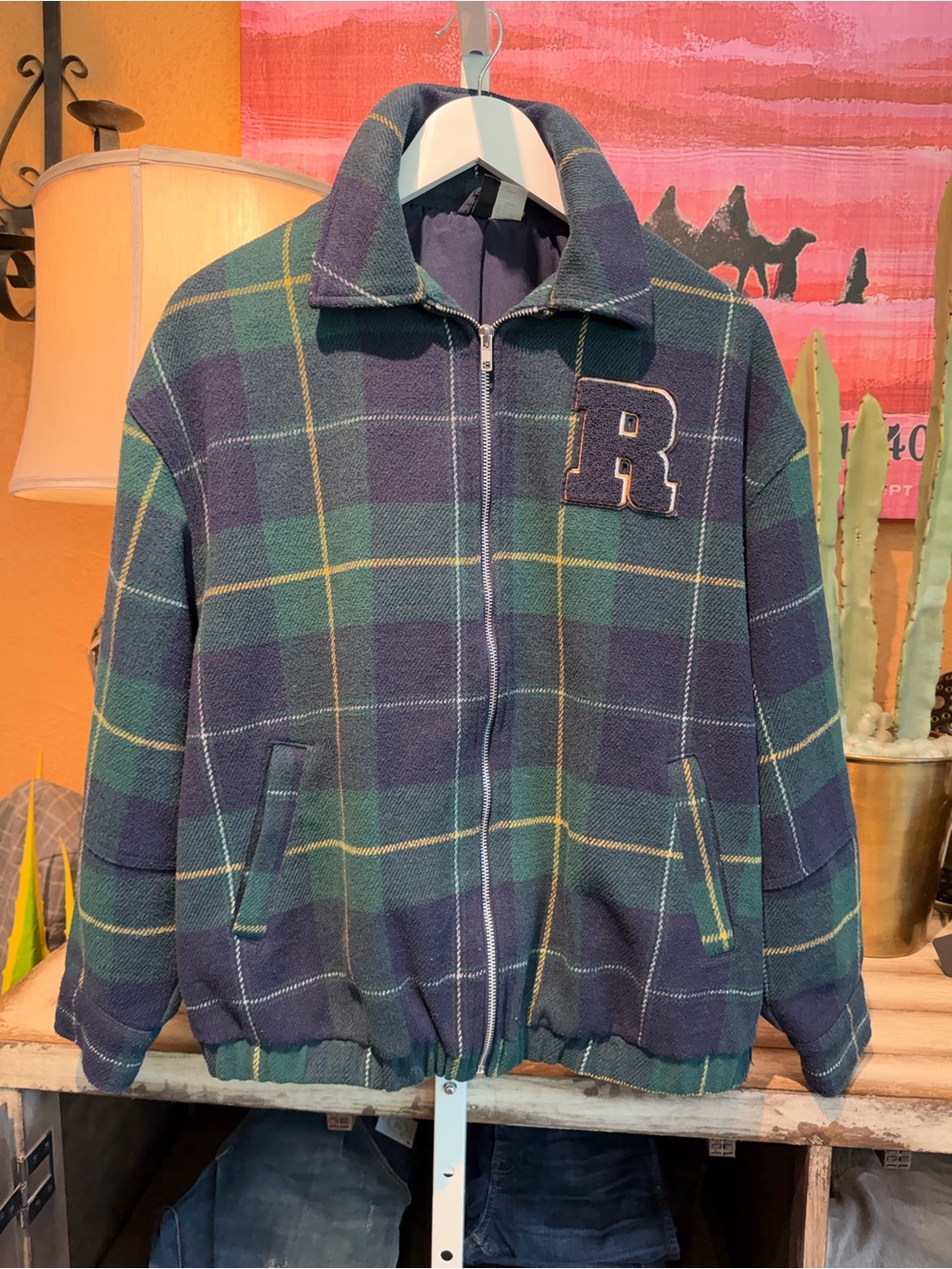Green Navy Plaid Bomber Jacket Zip Front R Patch